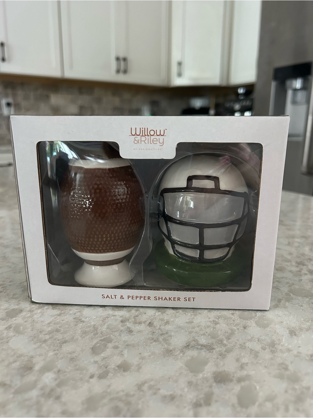 “New” Willow & Riley Brown Football and White Helmet Salt & Pepper Shaker Set